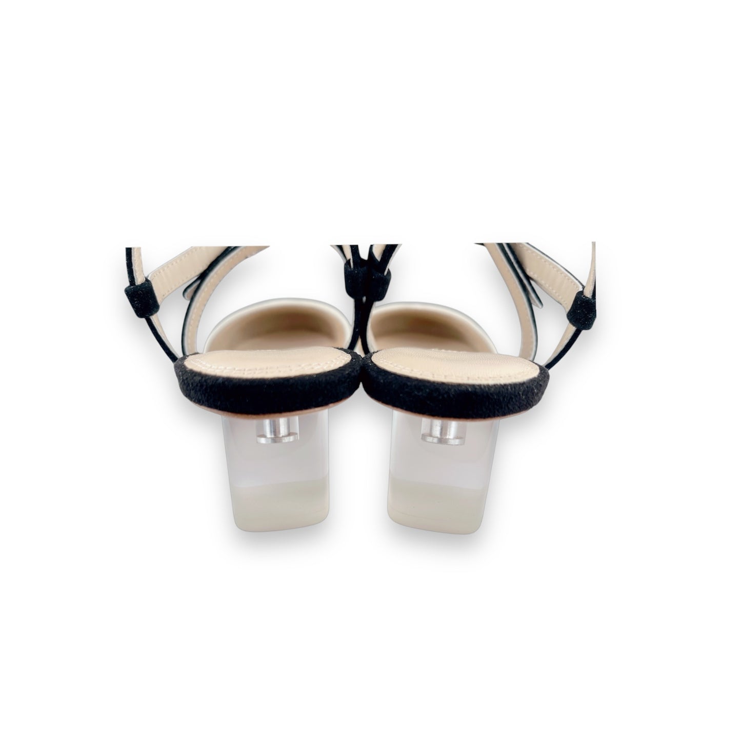  Crystal clear perspex heels on black and cream Mary Jane pumps - transparent heel detail