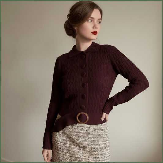 Woman wearing a belted dusky plum chunky knit merino wool cardigan, vintage styled cardigan with knit covered buttons.