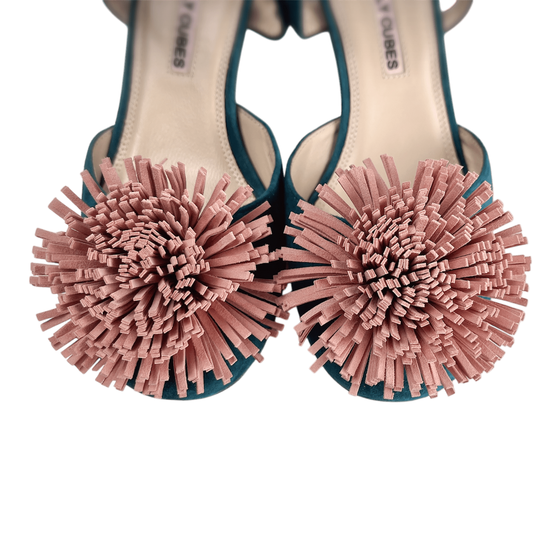 Decorative pom-pom embellishment detail on green suede Mary Jane shoes