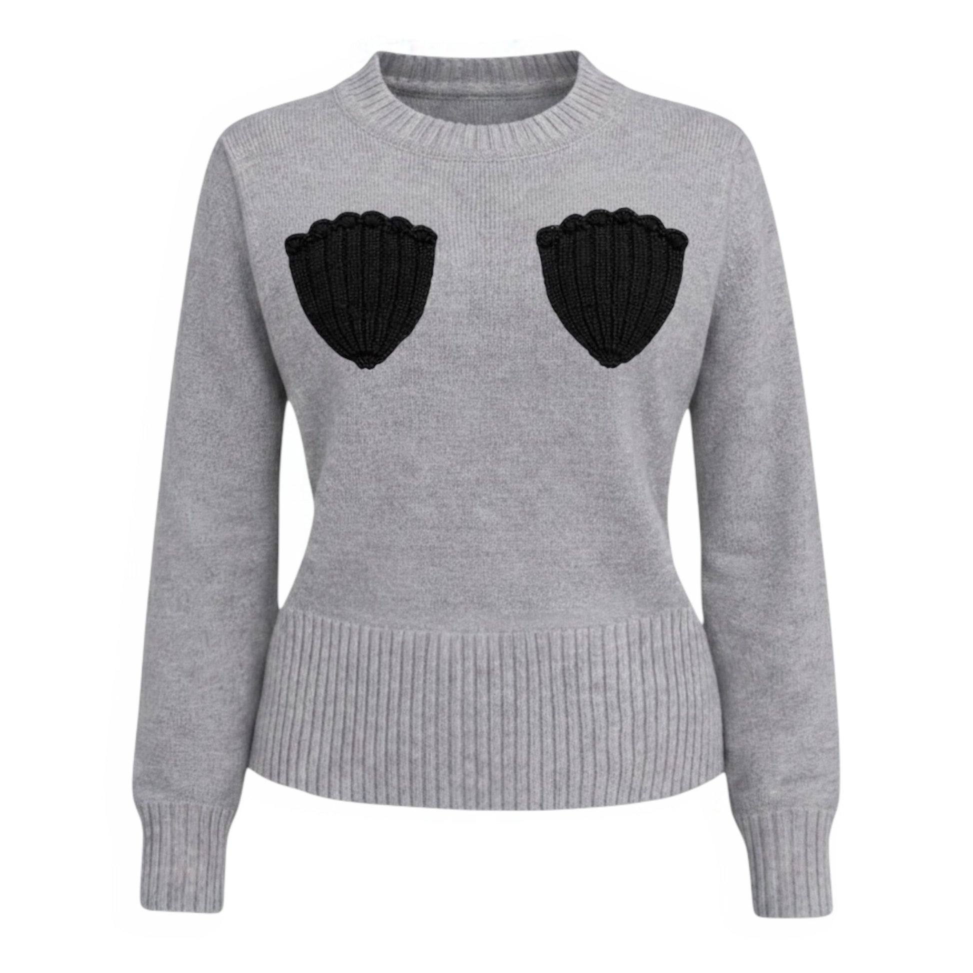 Grey cotton crew neck jumper with black crocheted shell appliqué – vintage 1930s knitwear