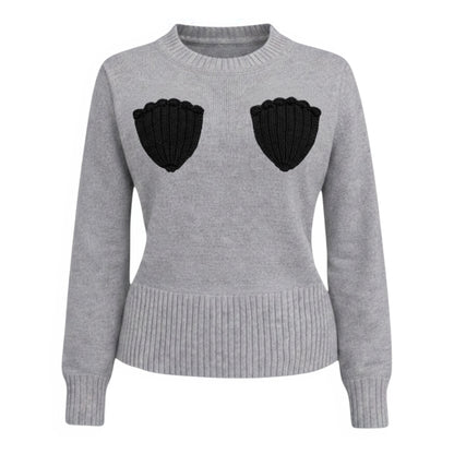 Grey cotton crew neck jumper with black crocheted shell appliqué – vintage 1930s knitwear