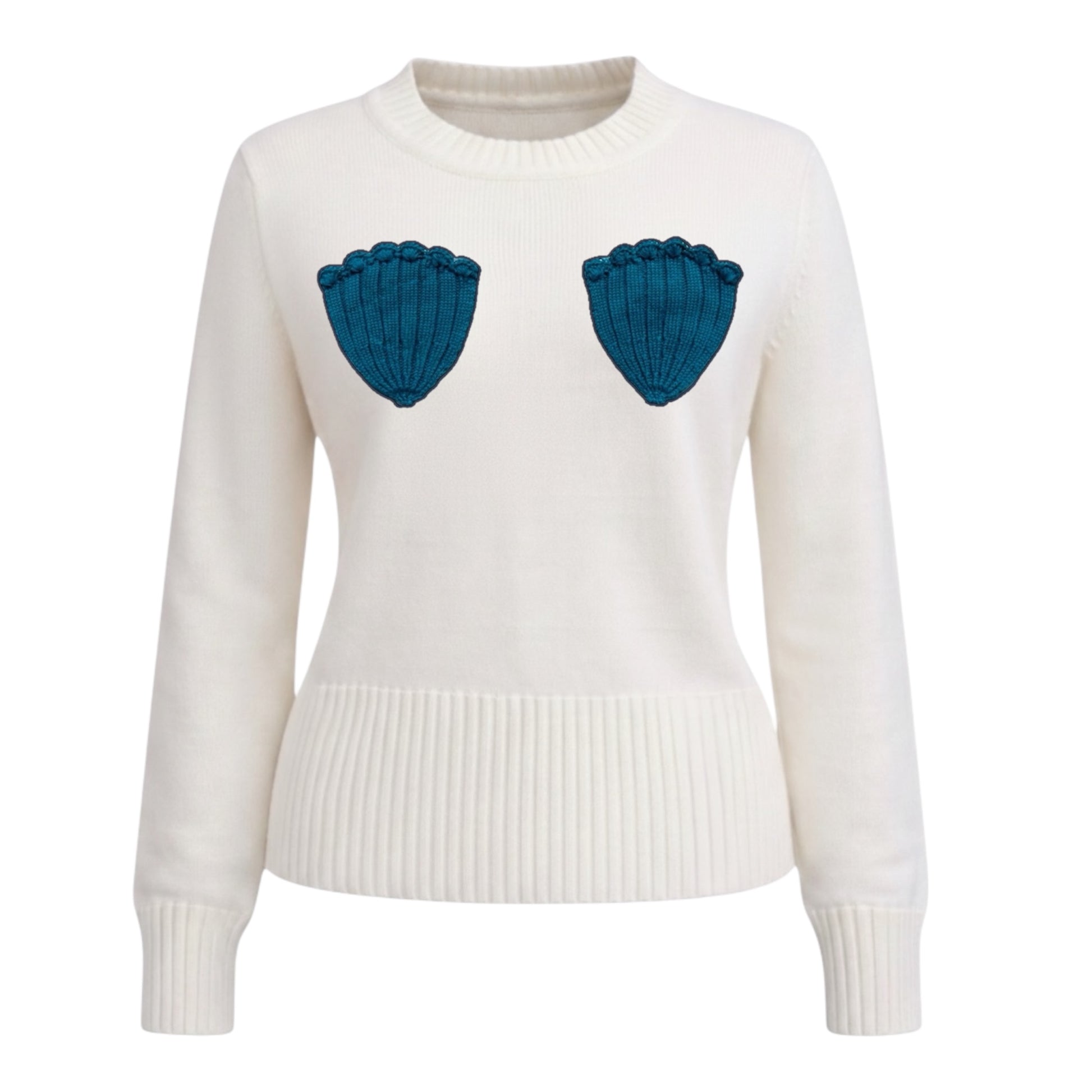 Ivory cotton jumper with blue crochet shell pattern appliqué, vintage inspired 