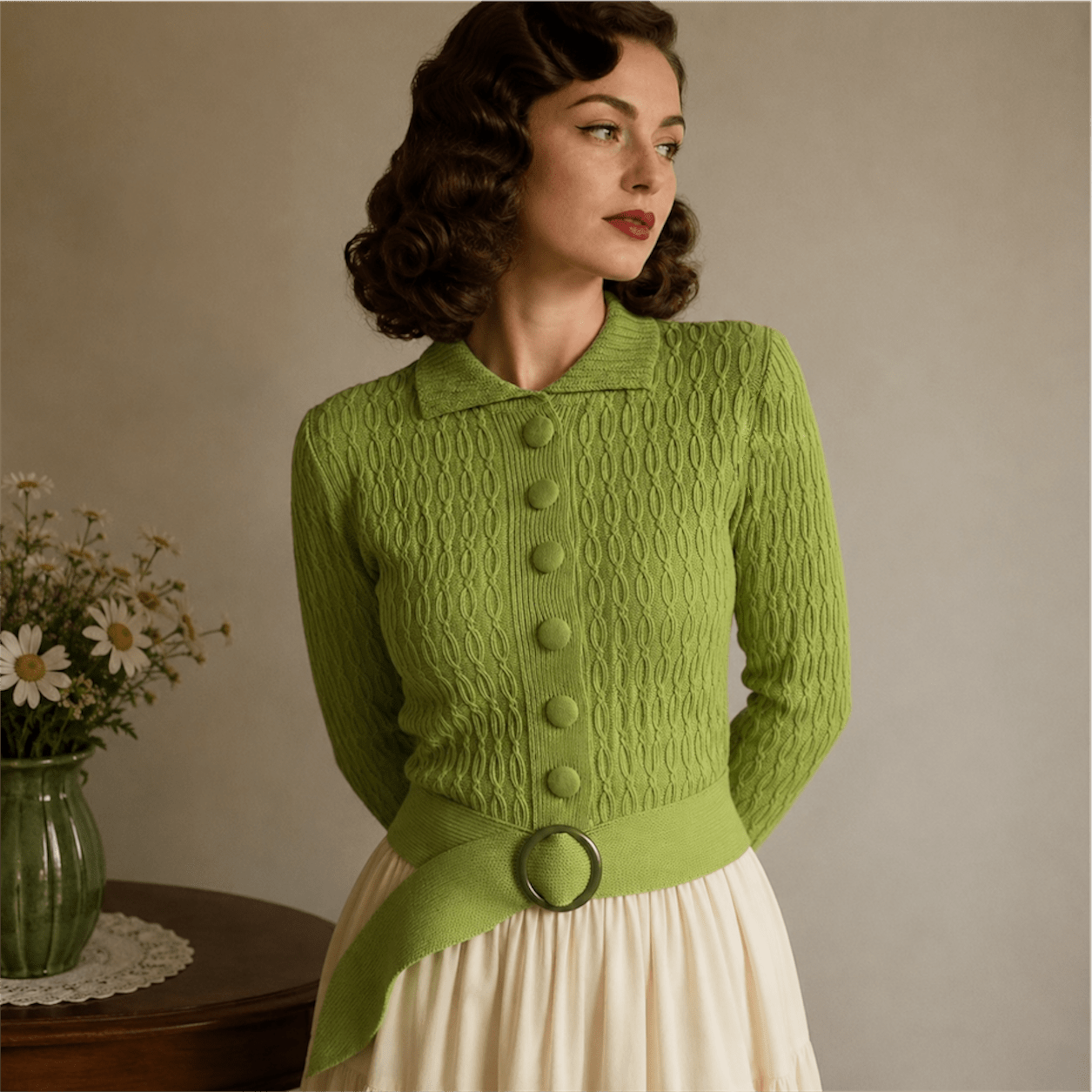 Woman wearing a belted green chunky cable knitted cardigan, vintage style with knit covered buttons 