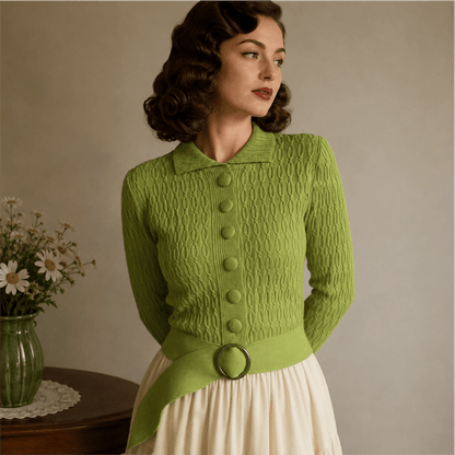 Woman wearing a belted green chunky cable knitted cardigan, vintage style with knit covered buttons 