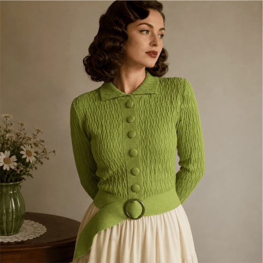 Woman wearing a belted green chunky cable knitted cardigan, vintage style with knit covered buttons 