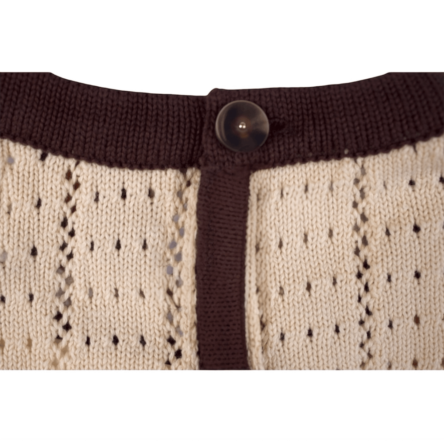 Close-up of a knitted garment with brown trim and button on a white background