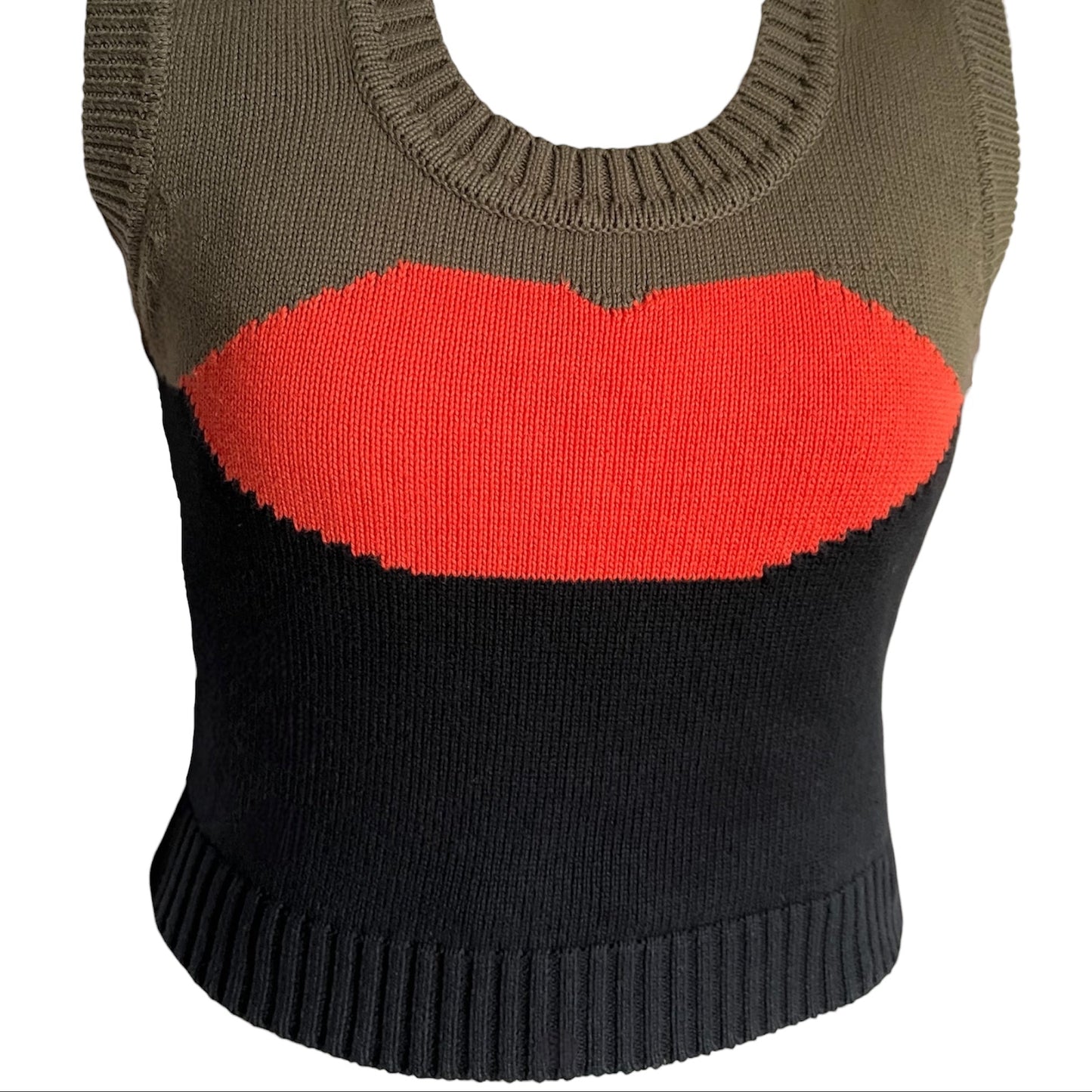 Khaki and black knitted vest with orange lip motif design.