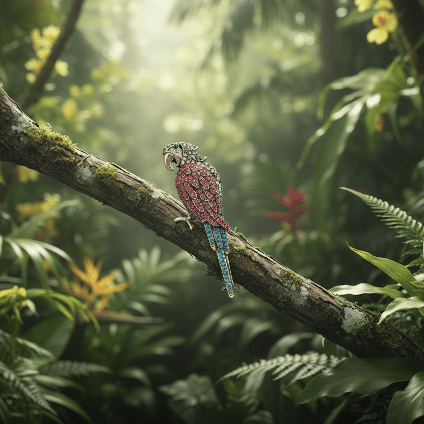 Parrot Brooch Standing Upright in Jungle