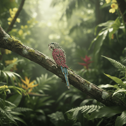 Parrot Brooch Standing Upright in Jungle