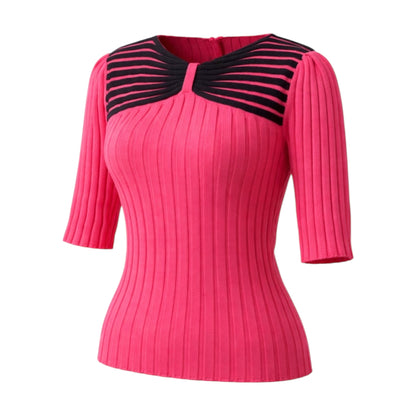 Cotton Pink ribbed knitted top with contrast black stripes