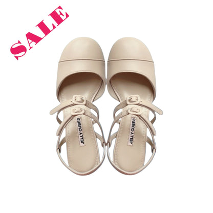 Beige leather shoes, timeless, pump sandals, Leather buckles, Perspex crystal heels, vintage inspired. shoes on sale, gift for mom and daughter.  Mary Jane