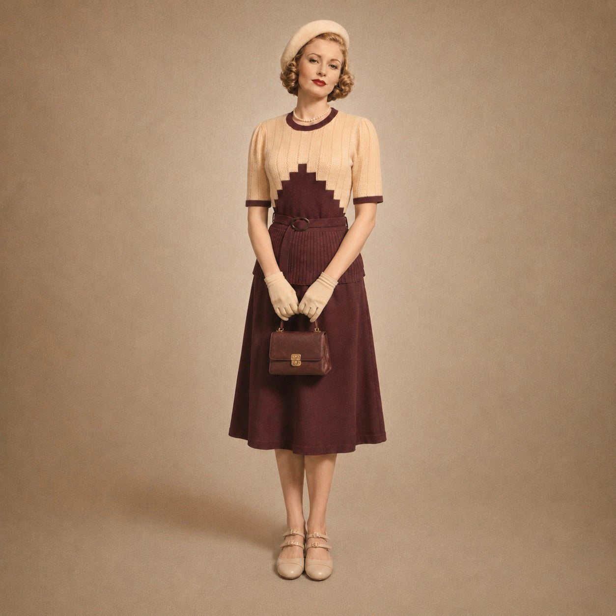 vintage styled model in graphic brown and cream knitted top and a pair of beige double strap Mary Jane shoes.