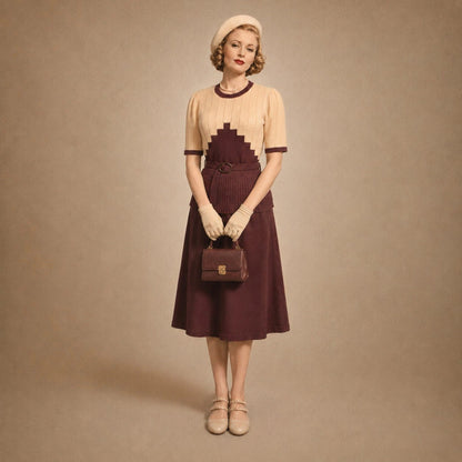 vintage styled model in graphic brown and cream knitted top and a pair of beige double strap Mary Jane shoes.