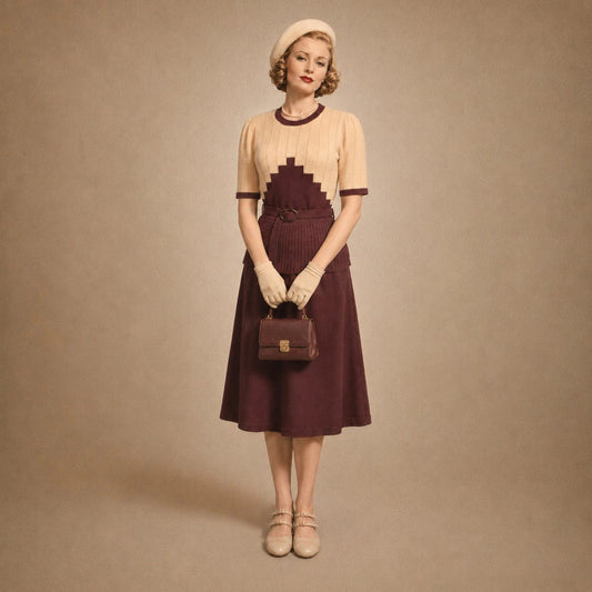 vintage styled model in graphic brown and cream knitted top and a pair of beige double strap Mary Jane shoes.