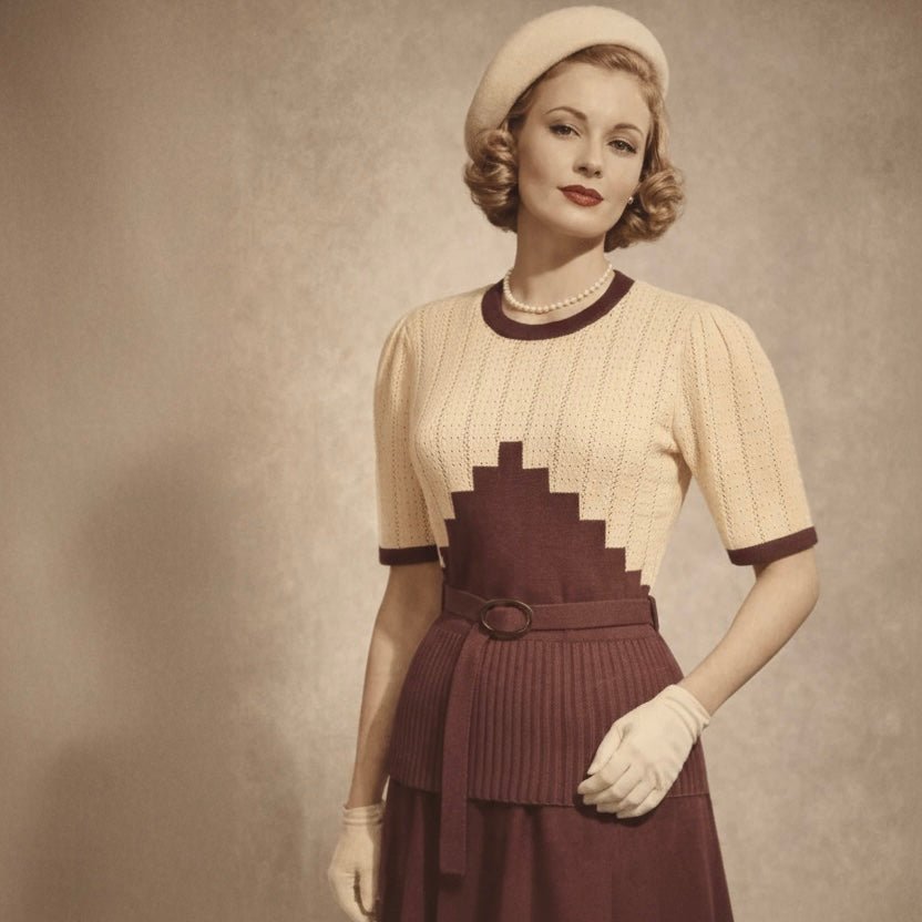 Woman wearing a brown and beige belted vintage knitted top,  with a geometric pattern