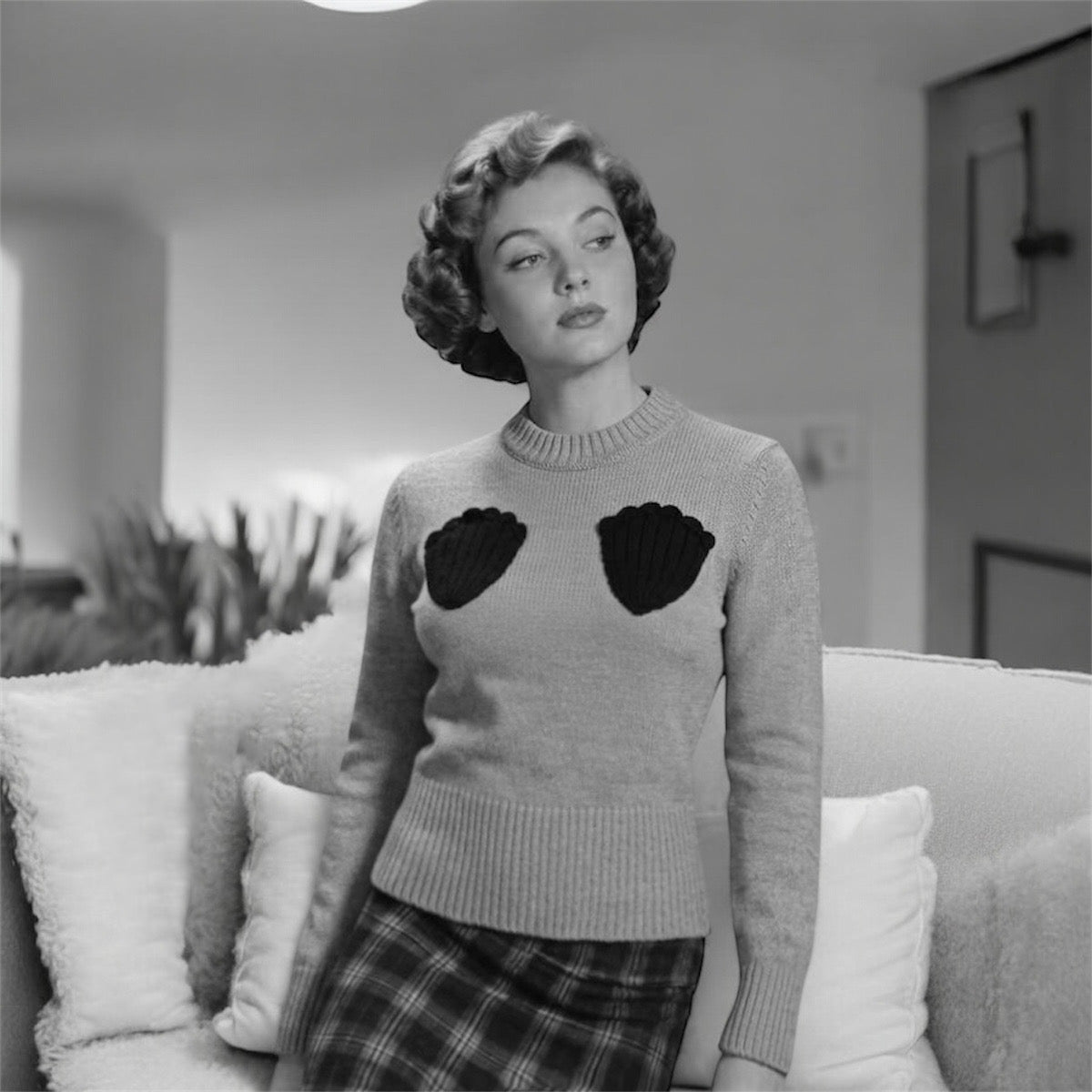 Vintage styled Woman wearing a grey jumper with black shell pattern and a plaid skirt 