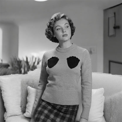 Vintage styled Woman wearing a grey jumper with black shell pattern and a plaid skirt 