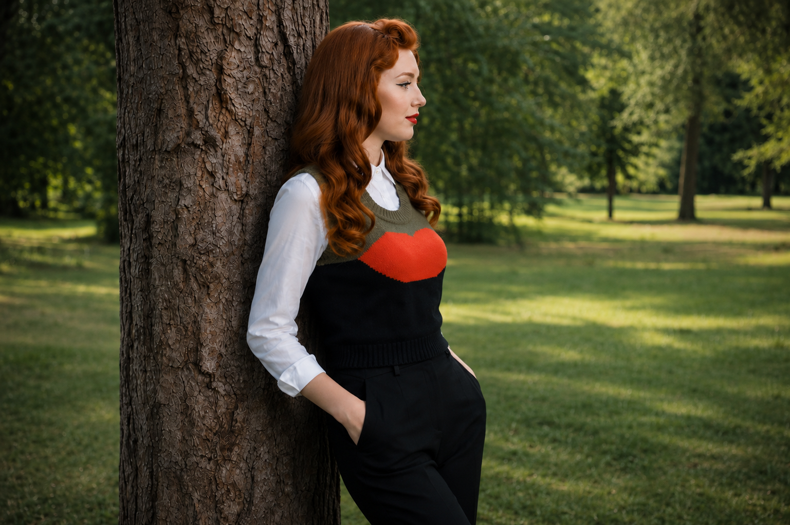 Vintage styled Woman wearing a lip graphic knitted vest leaning against a tree in a park